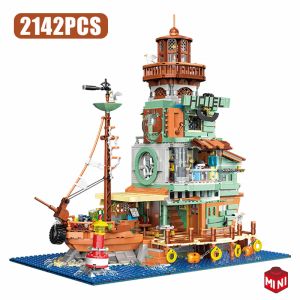 Accessoires Creative Harbor Hotel Old Fishing House Ship Model Bouwstenen Street View Lighthouse Houseboat With Light Mini Bricks Toys