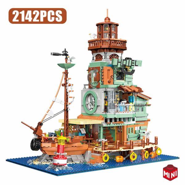 Accessoires Creative Harbor Hotel Old Pishing House Ship Model Building Buildings Buildings Street View Lighthouse Tabring With Light Mini Bricks Toys