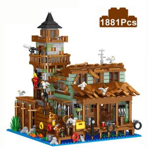 Accessoires créatif micro pêcheur cabine wharf wooden house modèle de construction de construction de rue vue village de pêcheurs briques assembler un gamin jouet gift