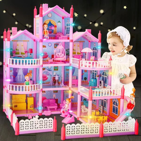 Accesorios Casa de muñecas Accesorios Princesa Big Villa Diy Dollas Dolly Lighting 3D Castillo Pink Castle House con kit de muñeca de patio deslizante Hou