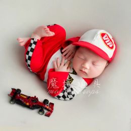 Accessoires DVOTInst pasgeboren Baby Boys Photography Props F1 Racing Costume Overalls Onepiece Outfits Caps 2pcs Studio Shooting Photo Props