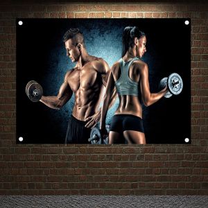 Accessoires Fitness Couple Affiche d'entraînement de motivation Bodybuilding Fitness Bannières Drapeaux Mur Art Gym Décor Toile Suspendue Photos Murales