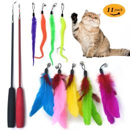 Accessoires drôle chat interactif toys fileter teaser bâton rétractable à trois sections canne à pêche moelleuse colorée avec des cloches