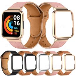 Accessoires bracelet en cuir véritable pour Redmi Watch 2 Lite bracelet de montre intelligente protecteur de boîtier en métal pour Mi Watch Lite Bracelets cadre de pare-chocs de ceinture