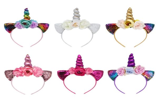 Accessoires Hair Sticks paillettes Bandeau métallique Girls Fleurs en mousseline de mousseline pour enfants Fleur de feuille Unicorn Horn M1542955073