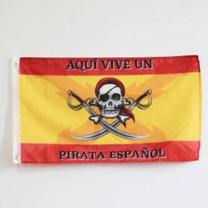 Accessoires Here Lives Un drapeau pirate espagnol d'Espagne avec la croix de Bourgogne Un crâne de pirate 3 x 5 pieds en polyester 100D