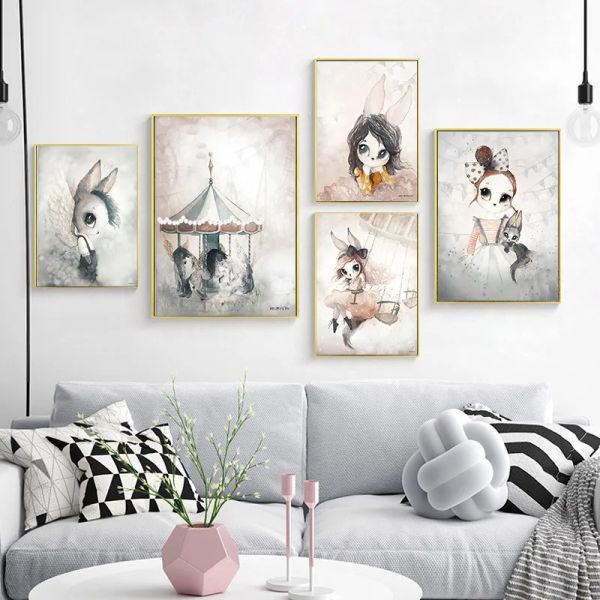 Accesorios Decoración para el hogar Pintura en lienzo nórdico Arte de la pared Conejo Chica Animal Impresión de acuarela abstracta Dormitorio para niños Póster para la sala de estar Imagen