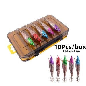 Accesorios Ilure 10pcs Jigs de calamar señuelos de pesca con caja de 10 cm de camarones brillantes pulpo colorido láser lentejuelas artificiales cebos wobbler baits