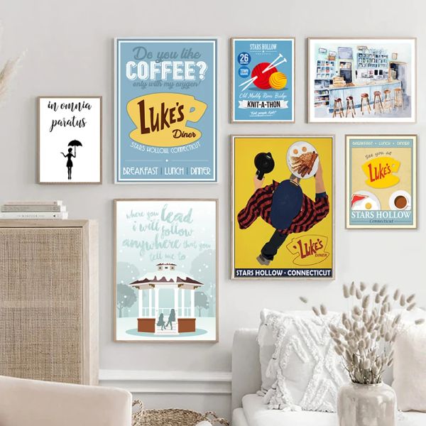 Accesorios en Omnia Paratus Prints Gilmore Girls Tv Show Poster, Acuarela Luke's Diner Interior Impresión Lienzo Pintura Arte de la pared Decoración