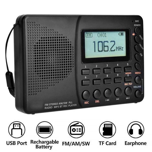 Accesorios K603 Radio de banda completa Bluetooth Fm Am Sw Radios de bolsillo portátiles Mp3 Grabadora de grabación digital Soporte Tarjeta Micro Sd Tf Temporizador de apagado