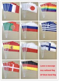 Accessoires KAFNIK, Groothandel 20*30 cm Frans/Japan/Portugal/Rusland/Grieks/Spanje/Duitsland/Denemarken Hand zwaaien vlag met 40 cm plastic vlaggenmast