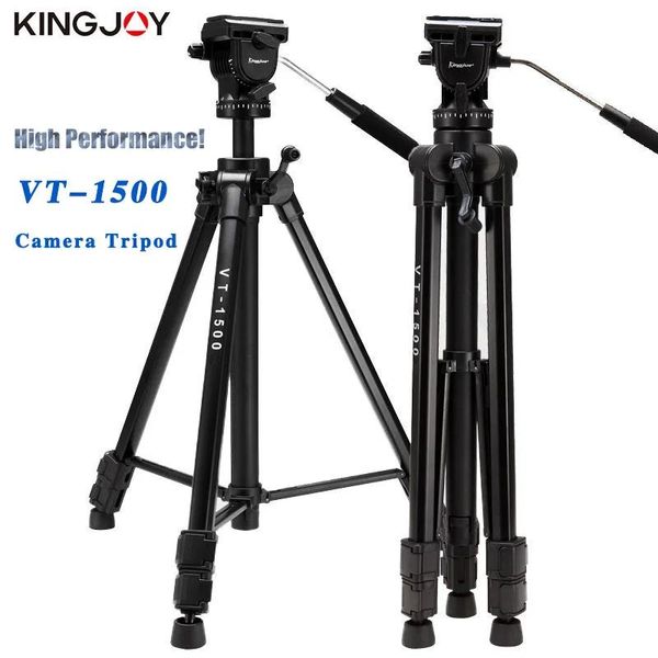 Accesorios Trípode KINGJOY VT1500 para soporte de cámara de video Soporte de cámara portátil de aluminio con cabezal de giro/inclinación de 3 vías para espectáculo en vivo 3 secciones