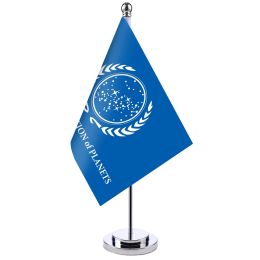 Accesorios Mini bandera Federación Unida de Planetas Banner Reunión Sala de juntas Mesa Soporte de escritorio Conjunto de bandera Emblema UFP Decoración de la oficina de la habitación