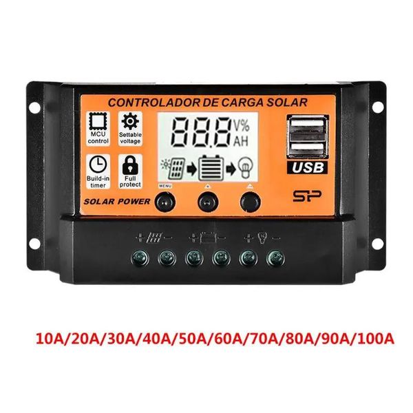 Accessoires MPPT 10A/20A/30A/40A/50A/60A/70A/80A/90A/100A, contrôleur de Charge solaire avec écran LCD automatique, régulateur de panneau solaire à double USB