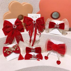 Accessoires Nouvel An Red Baby Big Bow Ribbon Coids Clips Crystal Headwear Geometric Femmes Girls Brinvet Velvet Hairpins Hair Accession