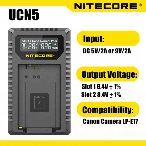 Accessoires Original Nitecore UCN5 Charger de caméra Intelligent DualSlot USB Fast Charging LPE17 Outdoor Portable Mobile Charger