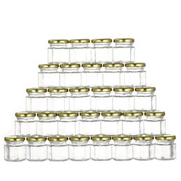Accessoires Emballage Organisateurs Boîtes de rangement Bacs 30 unités Pots de miel en verre hexagonaux de 45 ml avec couvercles dorés Bouteille scellée Cadeaux de retour de fête d'anniversaire de mariage 23
