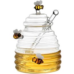 Accessoires Organisateurs d'emballage Boîtes de rangement Bacs Pot de miel Distributeur en verre transparent avec bâton et couvercle Bouteille de grande capacité Récipient décoratif mignon 230