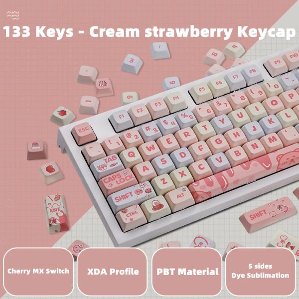 Accessoires PBT KEYCAP XDA Profil 5 côtés colorant sub 133 touches / ensemble ISO Layout Cream Strawberry Rose Keycap pour le clavier mécanique Ensemble personnalisé