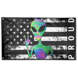 Accesorios orgulloso bandera estadounidense con psicodélico Alien Vívido Vívido Color Doble costado Trippy Flags Banners con arandelas de latón Decoración del hogar