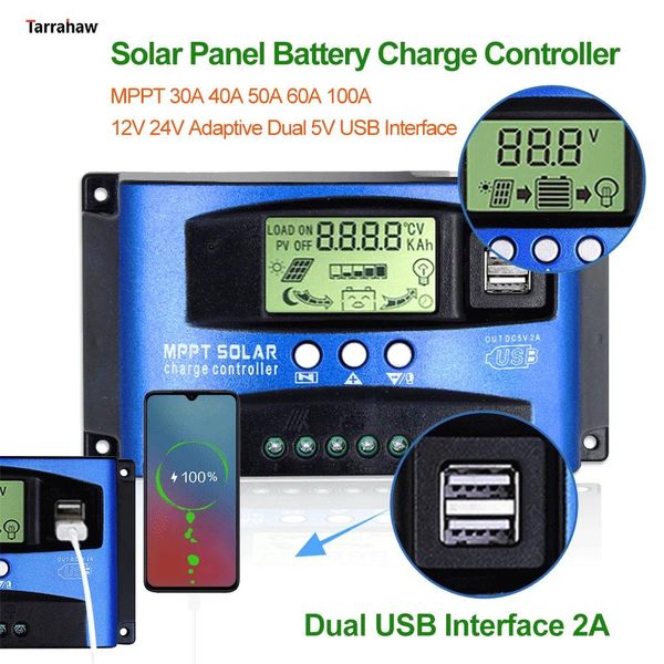 Accessoires Contrôleur de charge solaire PWM MPPT 100A 60A 50A 40A 30A Régulateur de puissance de panneau solaire PV Auto 12V/24V Double USB LCD Déchargeur de charge