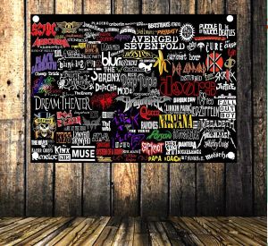 Accessoires Rock and Roll Band LOGO Collection Heavy Metal Musique Affiche Tissu Drapeau Bannières 4 Trous Suspendus Tissu Bar Café Décor À La Maison Cadeau