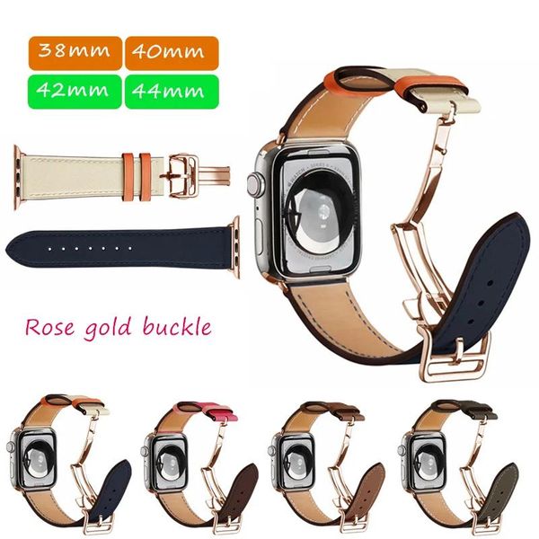 Accessoires Bracelet de montre à déploiement unique en cuir véritable en or rose pour Apple Watch 6 5 4 3 Bracelet de 3844 mm pour iWatch Band Fran19bd