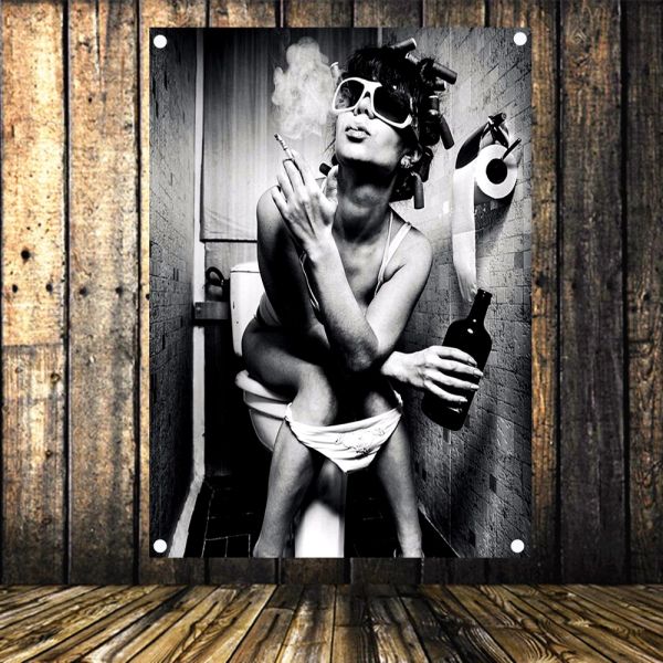 Accessoires Sexy fumer mauvaise fille dans les toilettes mur Art toile peinture drapeau bannière tapisserie tenture murale Bar café chambre décoration