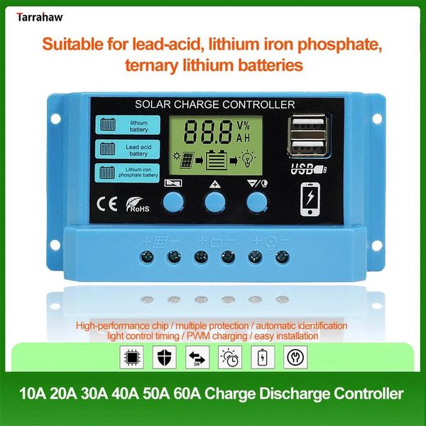 Accessoires Contrôleur solaire 10A 20A 30A 40A 50A 60A adaptatif 12V 24V Lithium plomb-acide batterie Charge décharge contrôleur PV sortie USB