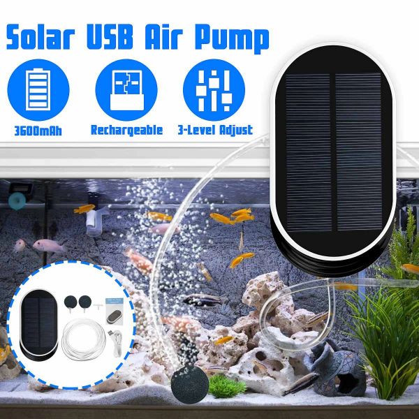 Accessoires Générateur d'oxygène solaire, pompe à air, chargement USB, kit d'étang d'aquarium, gonfleur de pêche en plein air portable pliable avec pierre à air nouveau