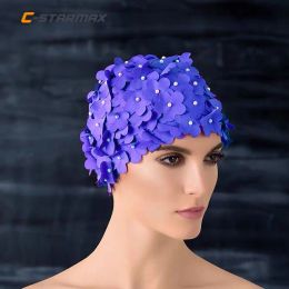 Accesorios Starmax Mujeres Tapa de natación 3D Flower Piscina Batillo Protege Ears de cabello largo Turban Plisado Cabeza de cabeza Tamaño grande