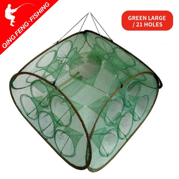 Accessoires renforcés 21 trous de pêche automatique net crevet cage nylon pliable crabe pêche piège coulé gaspillement