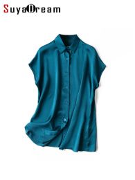 Accessoires Suyadream femme Chic Shirts 100% Mulberry Silk Cold Down Collar Short Bat Sleeves Blouses 2023 Printemps Summer Solid Top