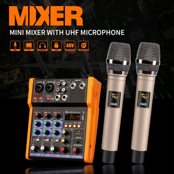 Accessoires TKL 4Channels Audio Mixer avec Sound Microphone UHF Mélangez Rec Bluetooth USB Record 48V Phantom Power DJ Mixer