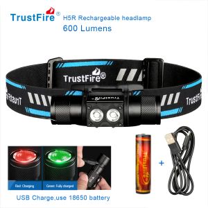 Accessoires Trustfire H5R Headlamp 600 Lumens Dual LEDS USB RECHARGAGE lampe phares 18650 Head Lampes de poche pêche avec indicateur de puissance