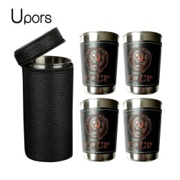 Accessoires Upors 4pcs Hip Flask Cup 1 2 6 Oz Tasses à vin en acier inoxydable avec couverture en cuir PU en plein air Russie Cccp Whisky Alcool Shot Flask