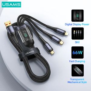 Accessoires USAMS U83 66W 3 In 1 Digitale display Cable PD QC Fast Charge USB Type C -kabel voor iPhone 14 13 12 Pro Max Huawei Xiaomi Samsung
