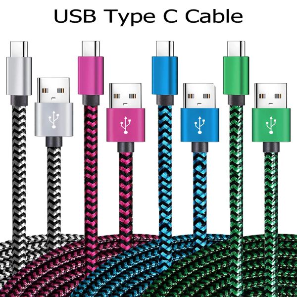 Accessoires USB Type C Date de câble Sync 2.4a Fast 1M 2M 3M Charge de charge Nylon Traité Câble chargeur pour le téléphone mobile Samsung Huawei Android