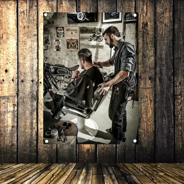 Accessoires Vintage Salon de coiffure décoration Salon de coiffure tatouage drapeau coupe de cheveux affiche magasin signe bannière tenture murale toile impression Art tapisserie