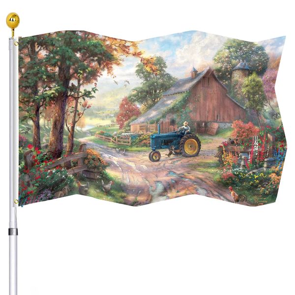 Accesorios Bandera decorativa para casa de granja vintage Mañana con granero y tractor Banderas de poliéster grandes para patio, hogar, decoración al aire libre