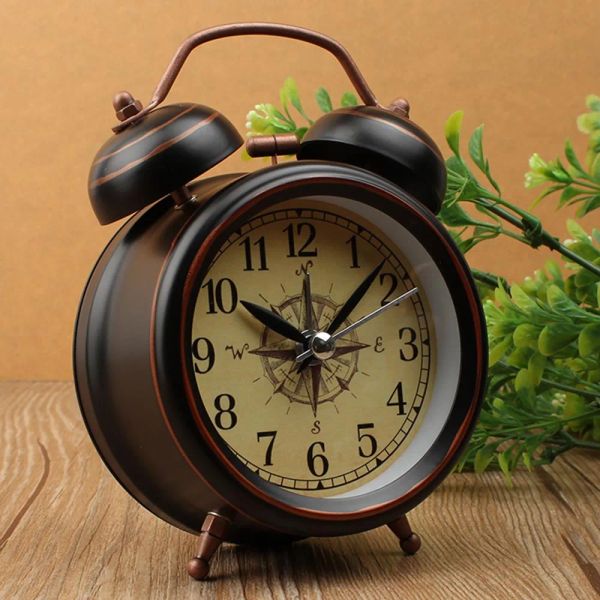 Accessoires Vintage veilleuse réveil européen rétro métal réveil chevet muet aiguille Table horloge obtient lit sonnerie cloche