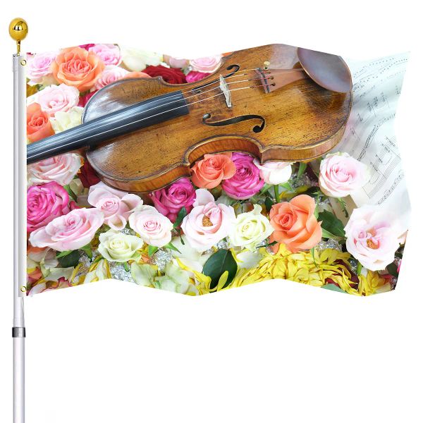 Accessoires Partitions de Violon Drapeau Fleurs Roses Vives Drapeaux à Double Couture Bannières avec Oeillets en Laiton Décorations Intérieures et Extérieures de Maison