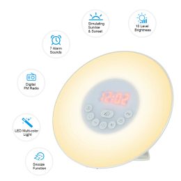 Accessoires Réveille-toi Lumière Alarme Sunrise / Sunset Simulation Corloge numérique avec FM Radio Light Nature Sonds Snooze Fonction Contrôle tactile