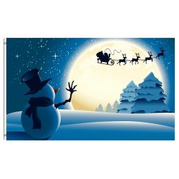 Accessoires Drapeau de bonhomme de neige d'hiver Noël Père Noël sur traîneau Drapeaux de lune de renne de neige Polyester avec œillets en laiton Décoration intérieure extérieure
