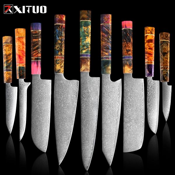 Accesorios Juego de cuchillos de cocina Xituo Damasco Cuchillo Chef Nakiri 67 capas Cuchillo de chef de acero damasco japonés Navaja Hoja afilada Madera colorida