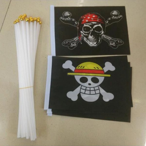 Accesorios xvggdg 100 unids/lote 14 * 21 cm mono pirata D. Luffy bandera de calavera sombrero de paja de una pieza banderas onduladas a mano con mástiles de bandera de plástico