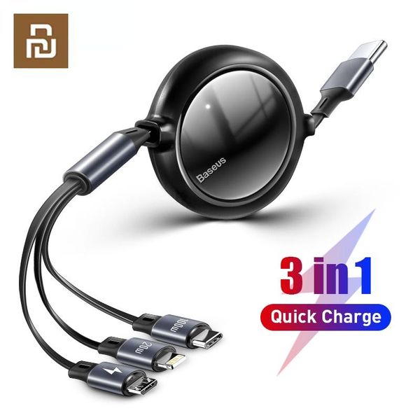 Accessoires Youpin BaseUS 100W 3 en 1 Câble de charge USB C pour iPhone 12 120cm Micro USB Type C Câble portable rétractable Câble de chargement rétractable