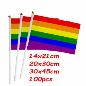 Accesorios ZXZ 100 Uds LGBT orgullo gay pequeña bandera nacional 14*21CM 20*30CM Bandera de mano del arco iris Bandera de coche bandera americana