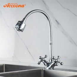 Accoona Chrome Robinet De Cuisine Finition Cuivre Robinets De Cuisine Mélangeur De Cuisine Rotatif Universel Double Support Monotrou Robinet A4871 211108