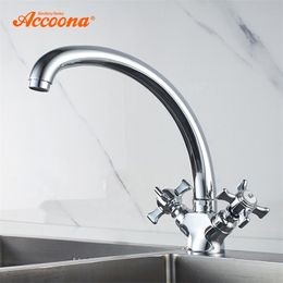 Rubinetto da cucina Accoona Rubinetto per acqua in ottone massiccio Rubinetti per lavello da cucina Miscelatore per acqua calda e fredda a doppia leva Gru A4070 T200423